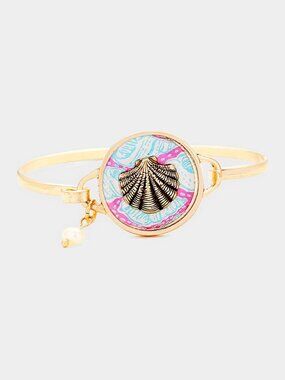 Patterned Shell Pearl Charm Hook Bangle Bracelet - Nautical Beach Jewelry